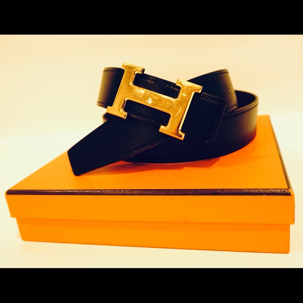 Hermès Black/Brown 32mm Gold Buckle 80cm Belt